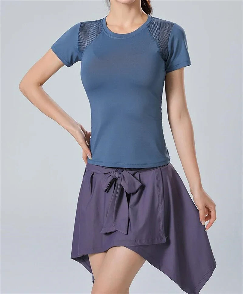 PofyBofy Mesh Stitching Reflective Strip Back Quick Dry Elastic Breathable Basic Short Sleeve Yoga T-shirt Women Gym Fitness Top
