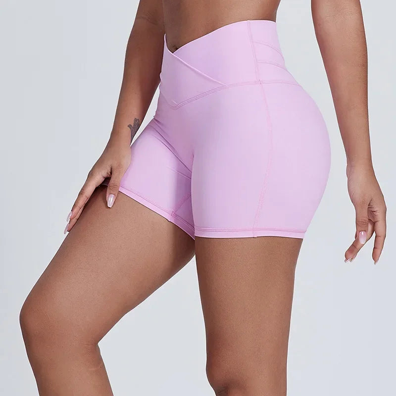 Peach Butt Lift Crossover Waist 4" Gym Shorts High Waist V Yoga Workout Running Shorts