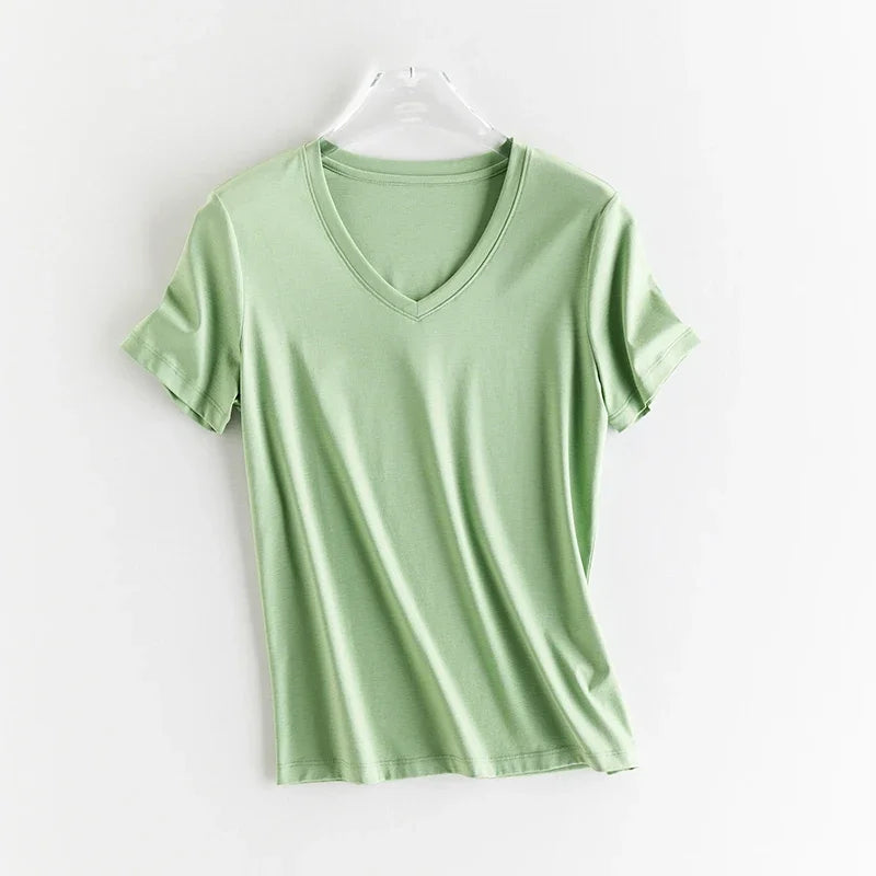 10% Silk & Mercerized Cotton Women T-shirt Luxury Tee Short Sleeve Silky Feeling Summer Wear Tops V / O-neck