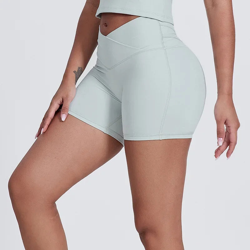 Peach Butt Lift Crossover Waist 4" Gym Shorts High Waist V Yoga Workout Running Shorts