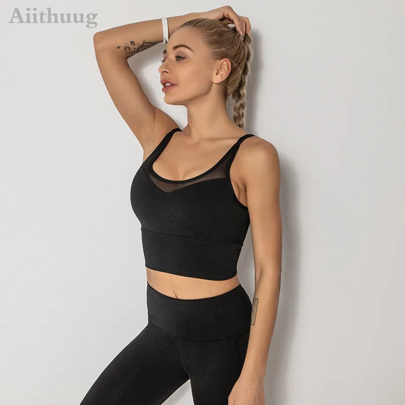 Mesh Breathable Yoga Bra Pilates Crop Bra Yoga Crops Gym Crop Fitness Top Quick Dry Spaghetti Strap Sports Bra