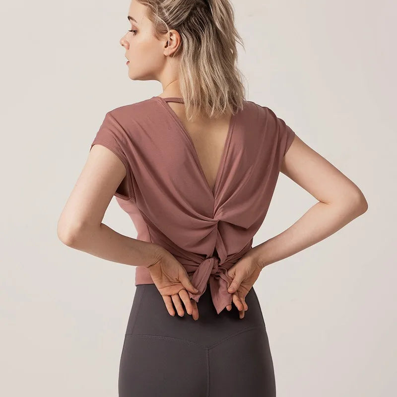 Aiithuug U Neck Cross Back Open Yoga Tops Loose Vest Short Sleeves Quick Drying Breathable Tops Workout Pilates Cover-up Shirts
