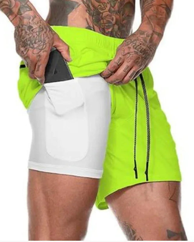 European Men's Sports Summer Double Layer Mobile Phone Pants Gym Exercise Jogging Training Shorts