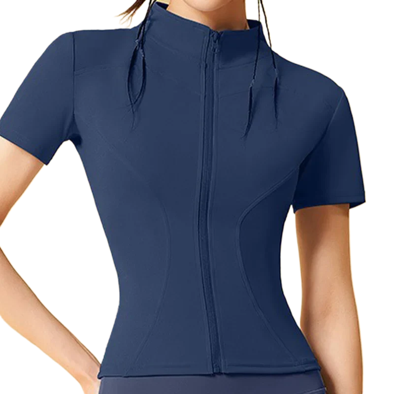 Aiithuug Yoga Tops Zipper Short Sleeve Gym Shirts Waist Slimmer Zip Up Sports Workout Top Fitness Jackets Running Slim Fit Tops