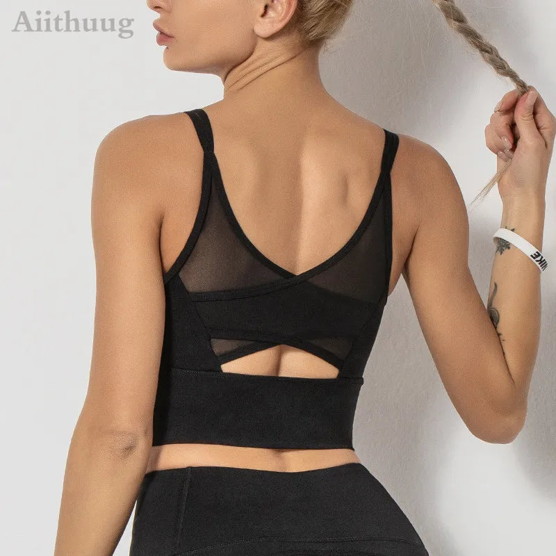 Mesh Breathable Yoga Bra Pilates Crop Bra Yoga Crops Gym Crop Fitness Top Quick Dry Spaghetti Strap Sports Bra