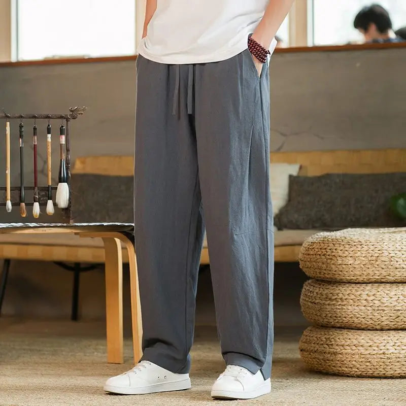 Men Elastic Waist Drawstring Wide Leg Pants Solid Color Loose Fit Casual Linen Blend Trousers