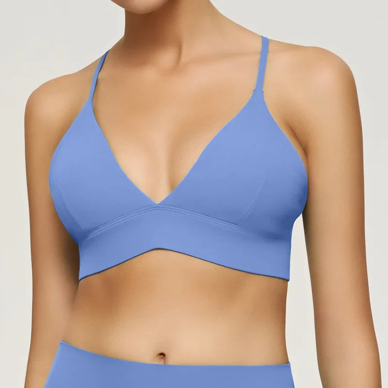Yoga Deep V Bra Crisscross Back Sports Bra Padded Low Impact Fitness Yoga Bra Wireless Workout Bras Strappy Crop Top