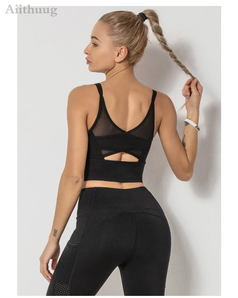 Mesh Breathable Yoga Bra Pilates Crop Bra Yoga Crops Gym Crop Fitness Top Quick Dry Spaghetti Strap Sports Bra