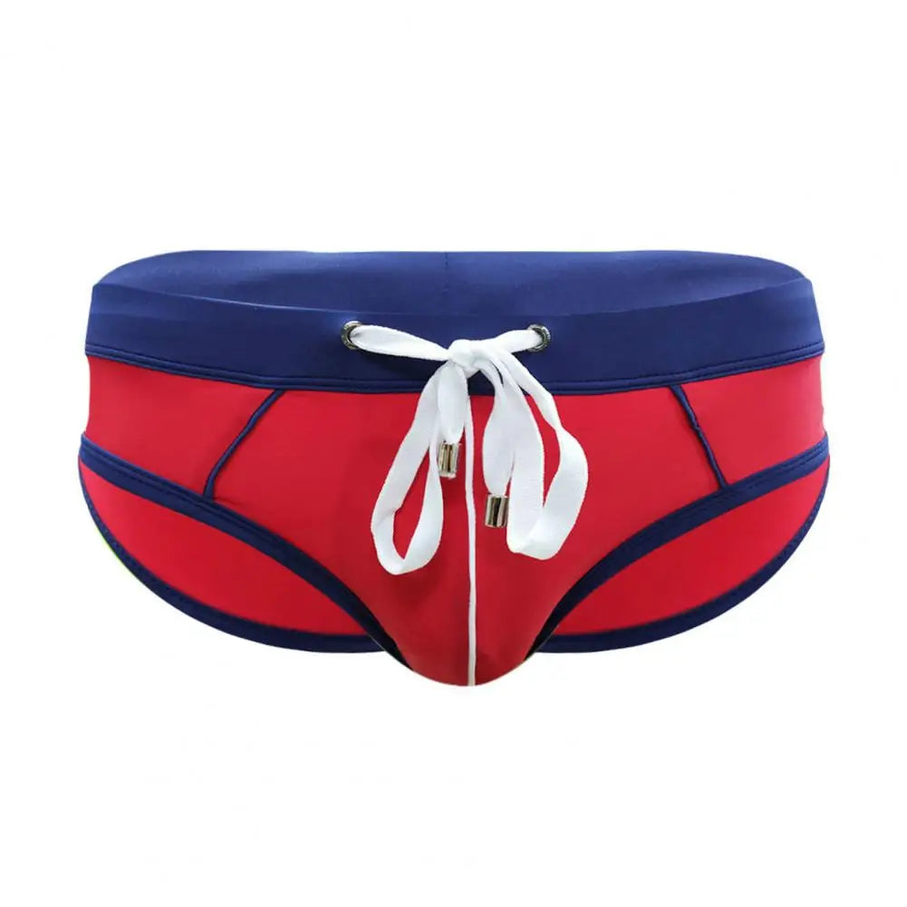 Men Summer Swimming Trucks Boxer Mid-rise Drawstring Patchwork Color Swimming Briefs Quick-Drying Stretch Beach Surfing Briefs