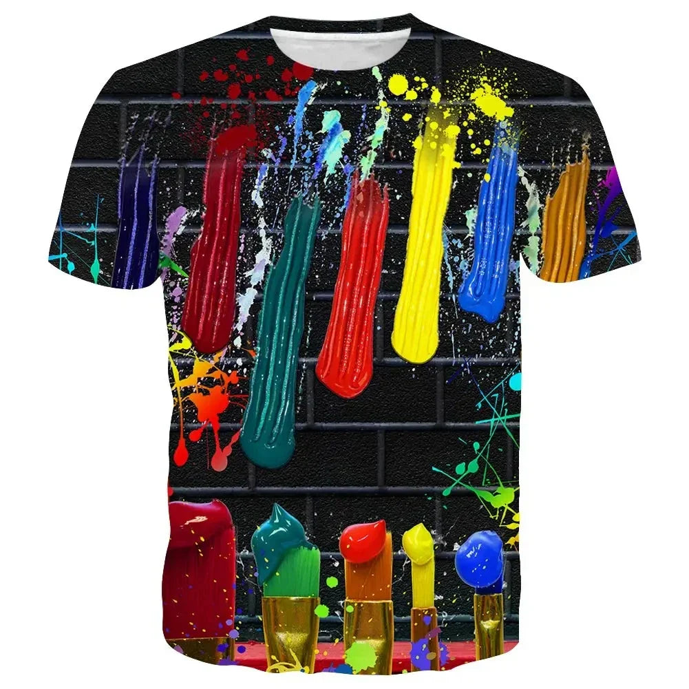 Rainbow Paint Splash Men's Printed T-shirt Hip Hop Street Fashion Harajuku Round Neck Comfortable Short Sleeve Top