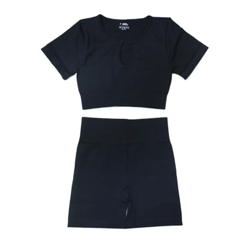 Ribbed Yoga Clothing Sets Women High Waist Shorts Short Sleeve Two Piece Set Seamless Tracksuit Fitness Workout Outfits Gym Wear