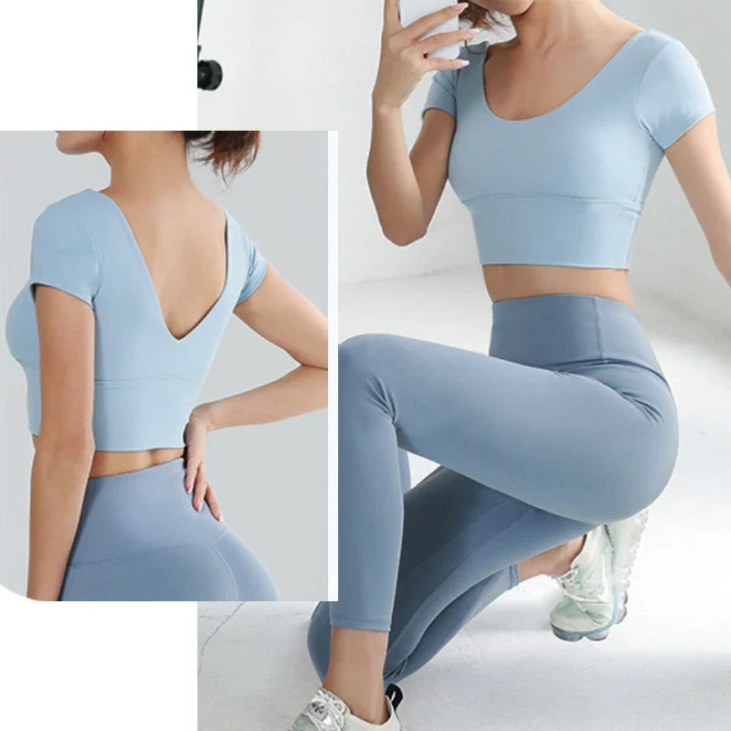 Built-in Cup Gym Crops U Neck Yoga Crop Top Grace Neck Line Bra Elastic Stretchy Fitness Crops Breathable Gym Top