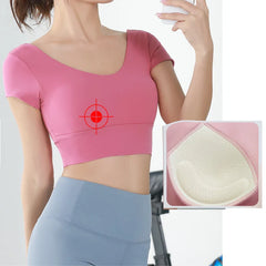 Built-in Cup Gym Crops U Neck Yoga Crop Top Grace Neck Line Bra Elastic Stretchy Fitness Crops Breathable Gym Top