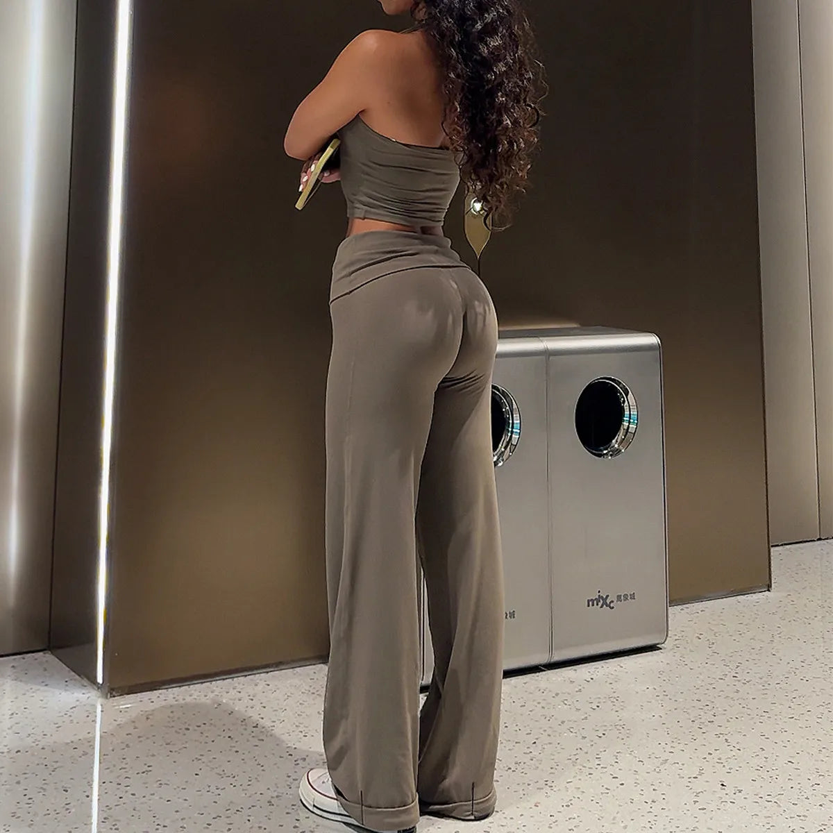 Fold Over Straight leg Bottoms Yoga Pants Gym Workout Flare Leggings Women Fitness Female Push Up Sports Tights Active Wear
