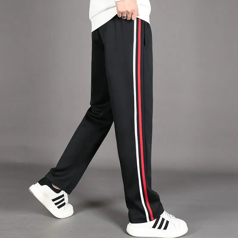 Red White Stripes Casual Sports Pants Solid Elastic Waist Pockets Durable Breathable Straight Trousers
