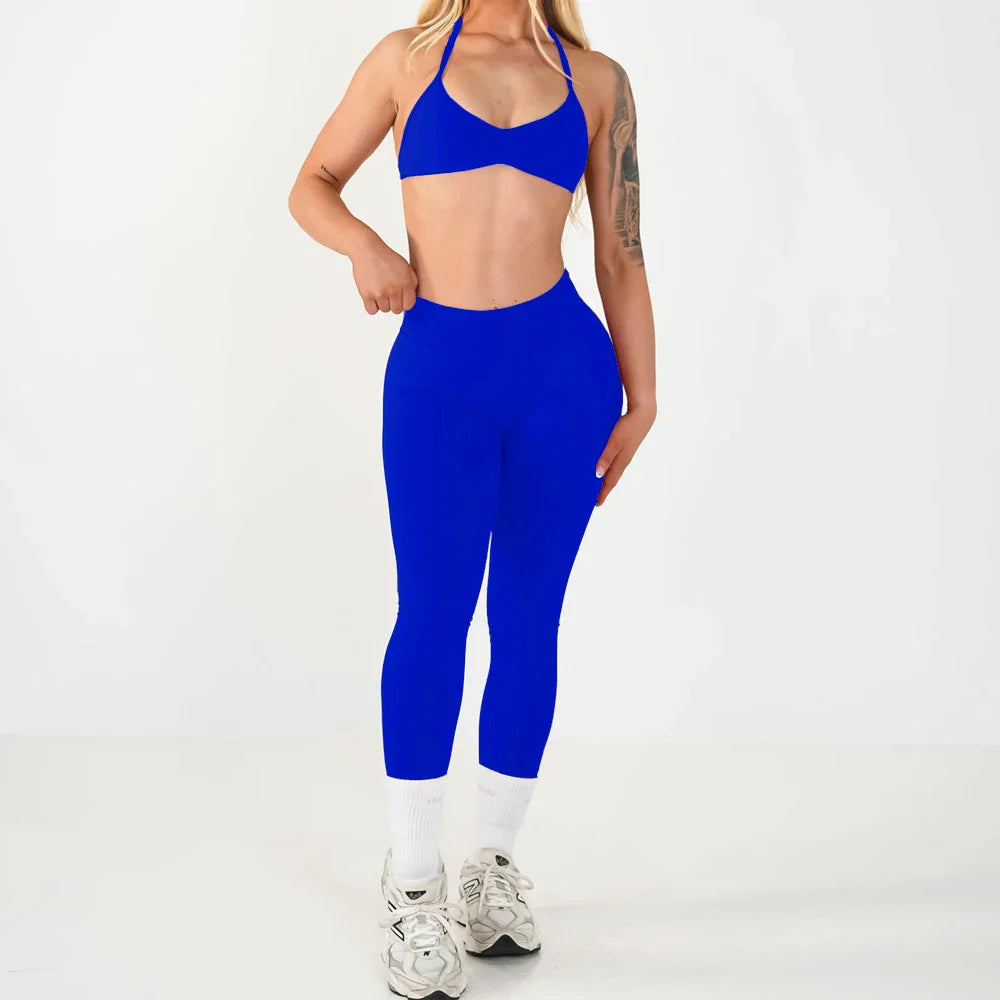 2PCS Seamless Yoga Set Women Workout Scrunch Leggings Strappy Sports Bra Fitness Gym Clothing Workout Set XP389