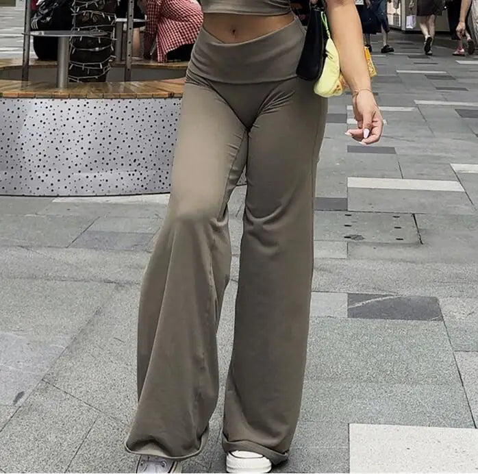 Fold Over Straight leg Bottoms Yoga Pants Gym Workout Flare Leggings Women Fitness Female Push Up Sports Tights Active Wear