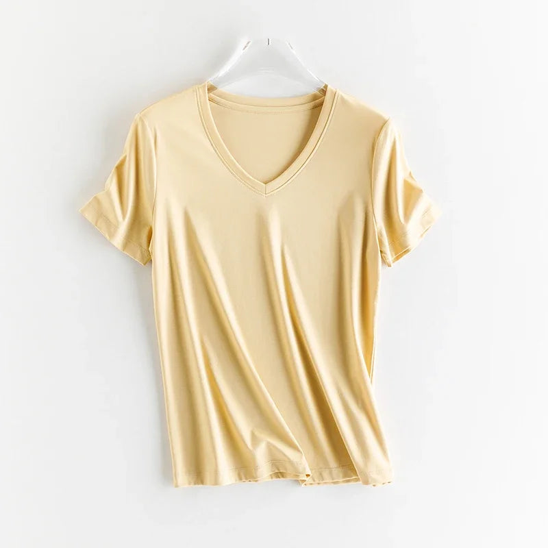 10% Silk & Mercerized Cotton Women T-shirt Luxury Tee Short Sleeve Silky Feeling Summer Wear Tops V / O-neck
