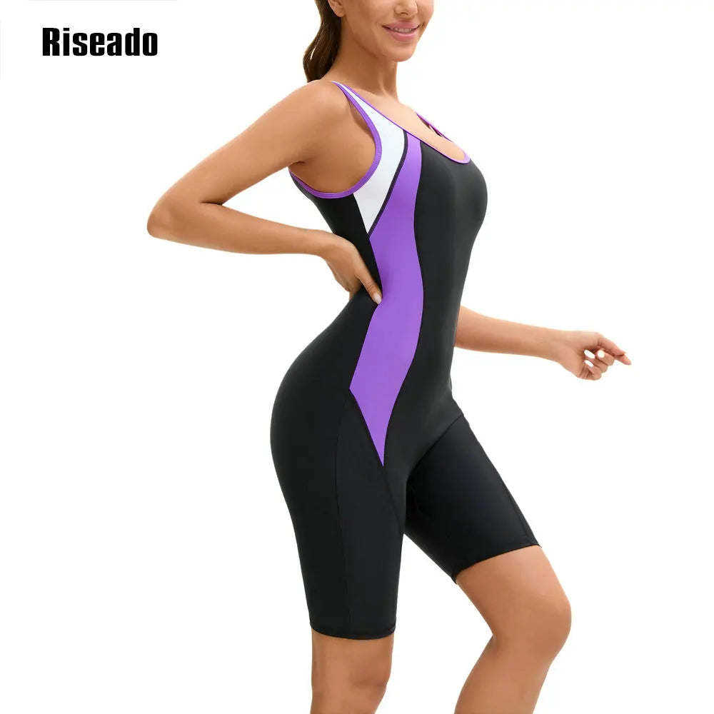 Women's Boyleg One Piece Swimsuit with U Back Athletic Bathing Suit  Full Body Cover Knee Length Bodysuits Swimwear for Girls