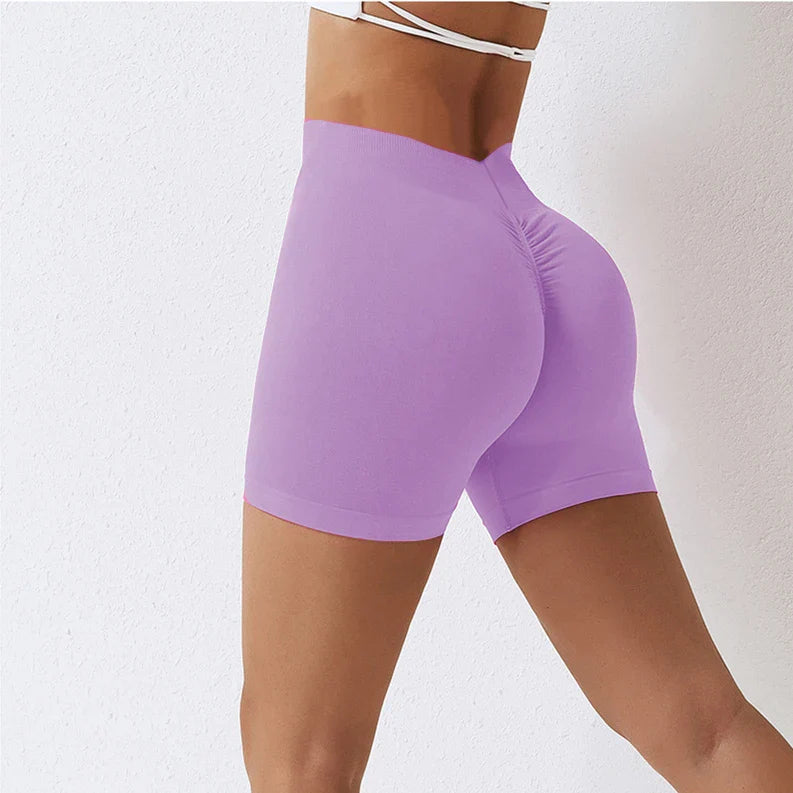 Knit Seamless V Back Yoga Shorts Women Fitness Elastic Scrunch Push Up Sports Running Workout High Waist Shorts
