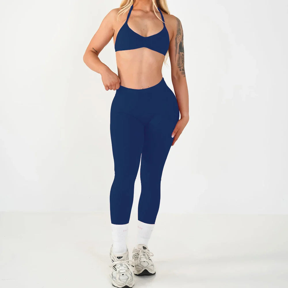 2PCS Seamless Yoga Set Women Workout Scrunch Leggings Strappy Sports Bra Fitness Gym Clothing Workout Set XP389
