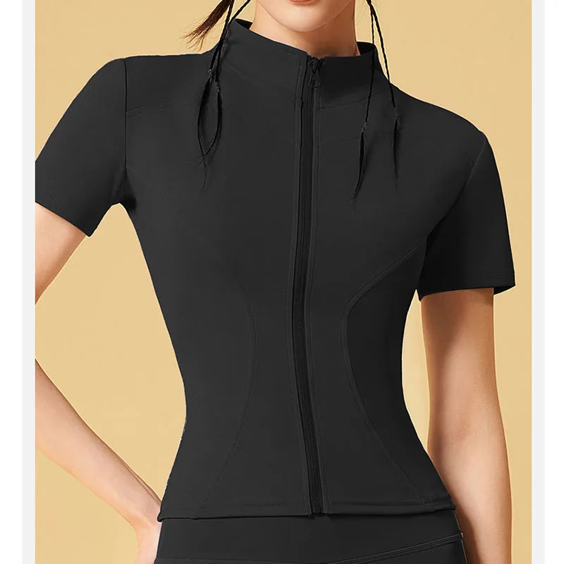 Aiithuug Yoga Tops Zipper Short Sleeve Gym Shirts Waist Slimmer Zip Up Sports Workout Top Fitness Jackets Running Slim Fit Tops