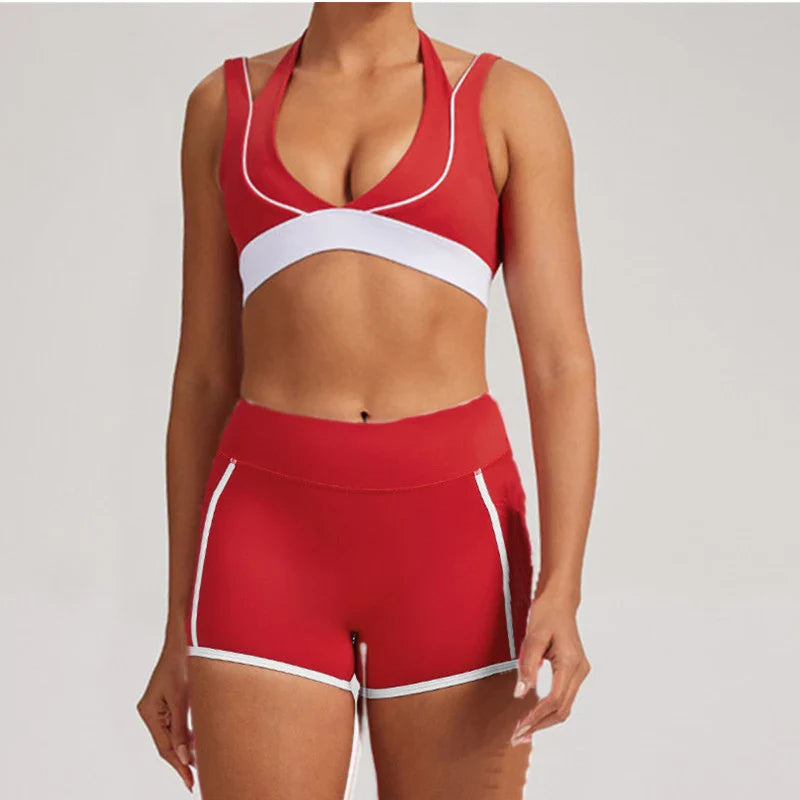 Pad 2PCS Yoga Set Sports Bras V-Neck Halter Pocket Fitness Workout Running Leggings Gym Woman Active Wear Clothing