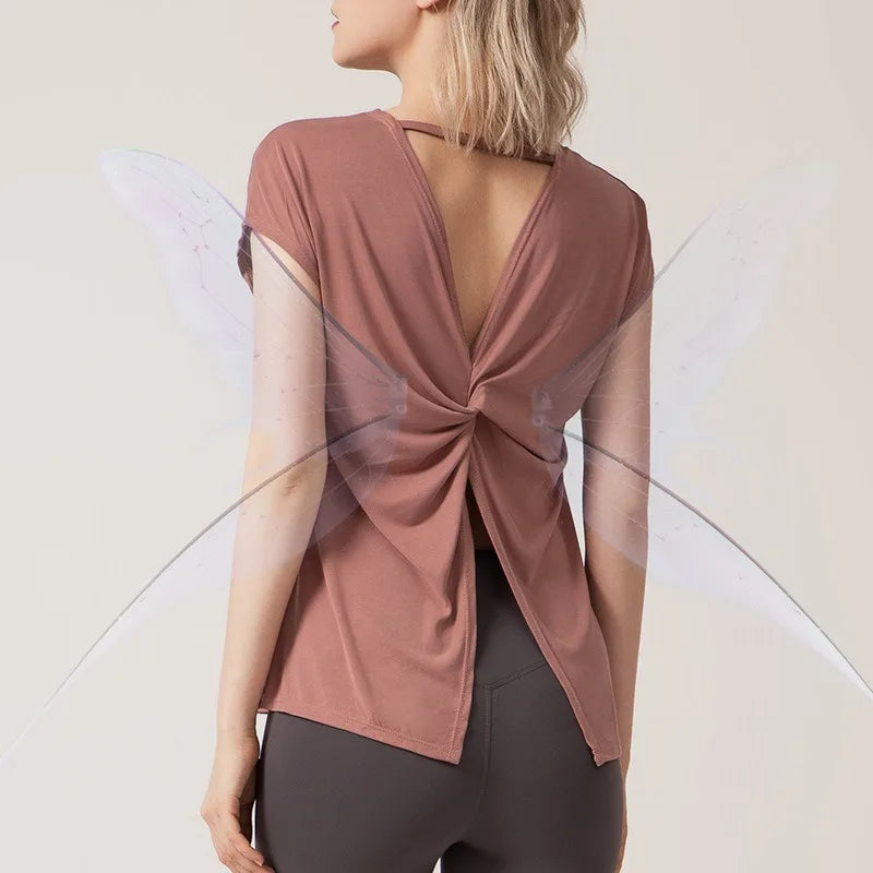 Aiithuug U Neck Cross Back Open Yoga Tops Loose Vest Short Sleeves Quick Drying Breathable Tops Workout Pilates Cover-up Shirts