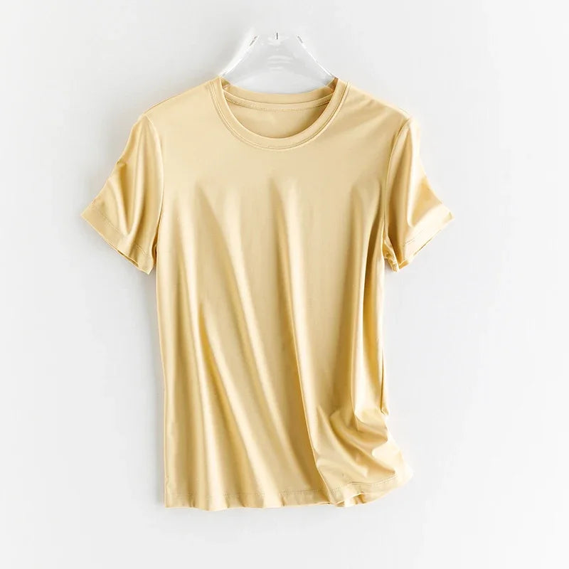 10% Silk & Mercerized Cotton Women T-shirt Luxury Tee Short Sleeve Silky Feeling Summer Wear Tops V / O-neck