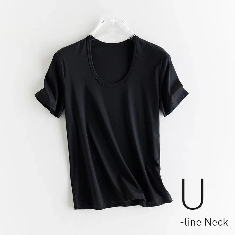 10% Silk & Mercerized Cotton Women T-shirt Luxury Tee Short Sleeve Silky Feeling Summer Wear Tops V / O-neck