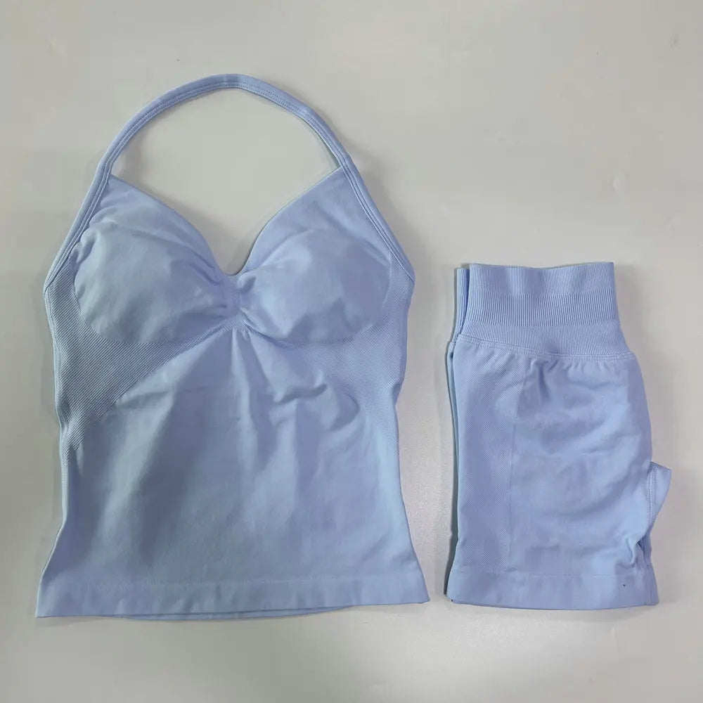2Pcs Gym Set Women Backless Tank Tops High Waist Scrunch Seamless Shorts Gym Suit Fitness Clothes Activewear Workout Set