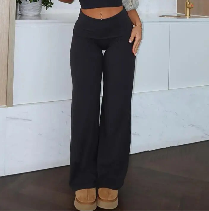 Fold Over Straight leg Bottoms Yoga Pants Gym Workout Flare Leggings Women Fitness Female Push Up Sports Tights Active Wear
