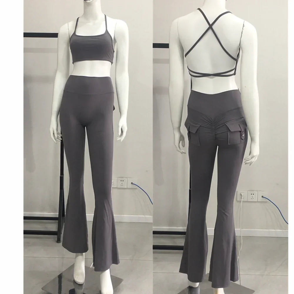 Pocket Button Flare Leggings High Waist Wide Leg Yoga Pant Women Gym Fitness Sport Dance Trousers Active Bottoms