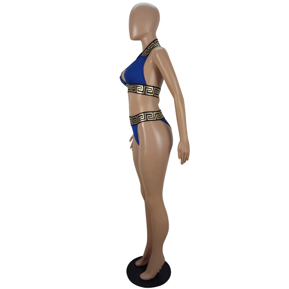Print Black Push Up Bikini Two Pieces Set Women Swimwear Bandage Halter Swimsuit Bathing Suit