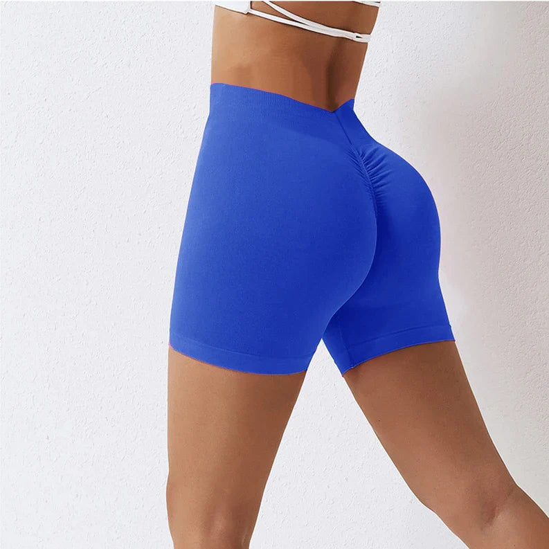 Knit Seamless V Back Yoga Shorts Women Fitness Elastic Scrunch Push Up Sports Running Workout High Waist Shorts