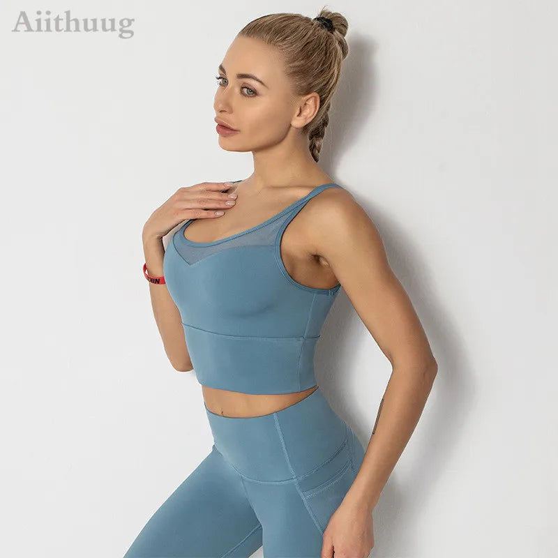 Mesh Breathable Yoga Bra Pilates Crop Bra Yoga Crops Gym Crop Fitness Top Quick Dry Spaghetti Strap Sports Bra
