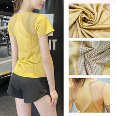 PofyBofy Breathable Mesh Splicing Reflective Strip Back Quick Dry Stretchy Women Short Sleeve T-shirt Yoga Gym Running Sport Top