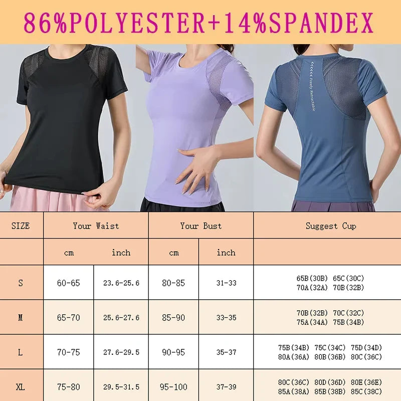 PofyBofy Mesh Stitching Reflective Strip Back Quick Dry Elastic Breathable Basic Short Sleeve Yoga T-shirt Women Gym Fitness Top