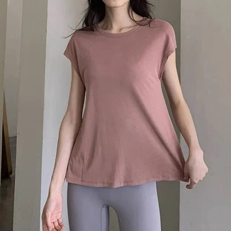 Aiithuug U Neck Cross Back Open Yoga Tops Loose Vest Short Sleeves Quick Drying Breathable Tops Workout Pilates Cover-up Shirts