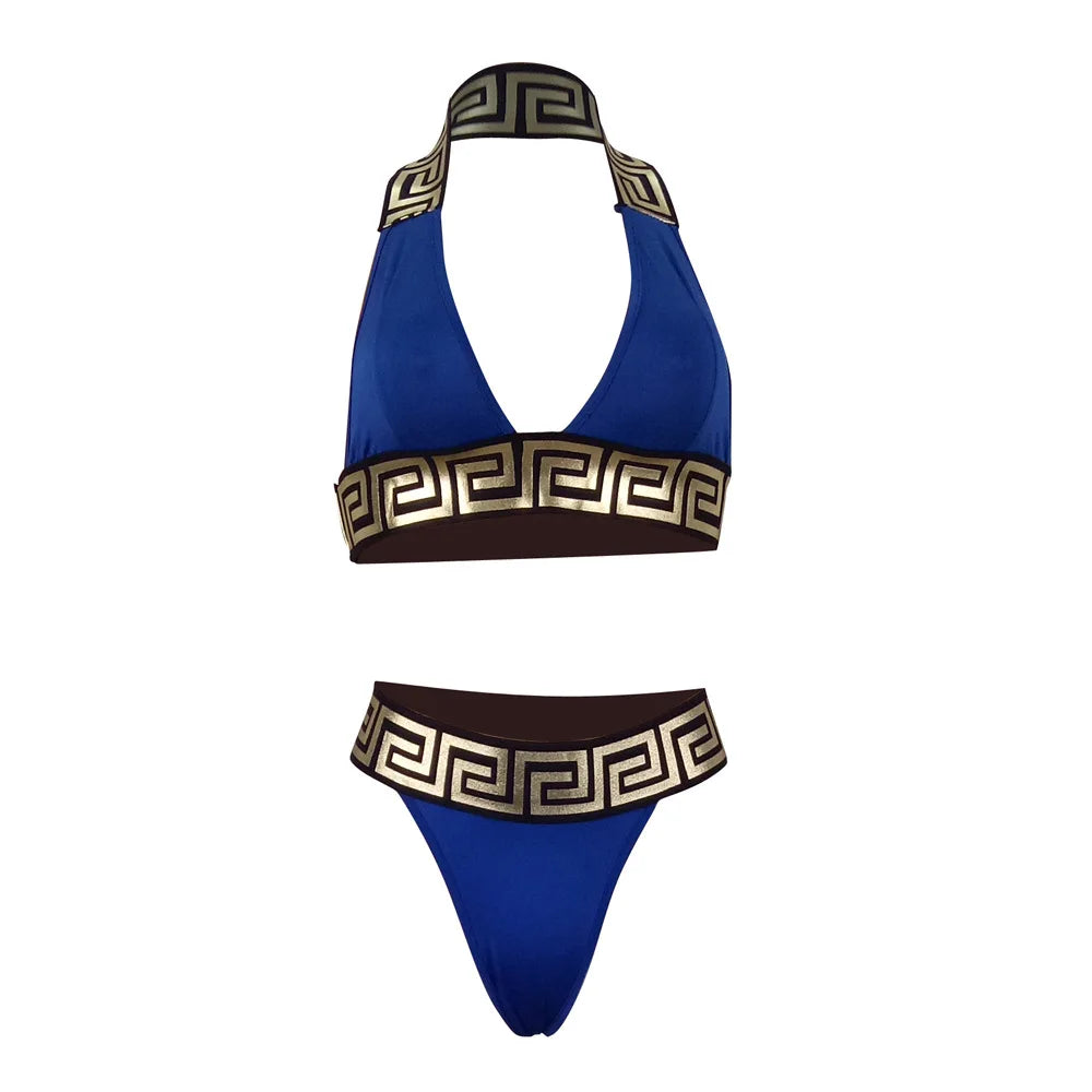 Print Black Push Up Bikini Two Pieces Set Women Swimwear Bandage Halter Swimsuit Bathing Suit