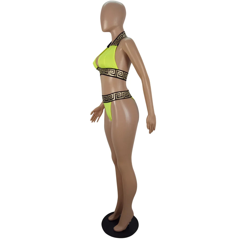 Print Black Push Up Bikini Two Pieces Set Women Swimwear Bandage Halter Swimsuit Bathing Suit