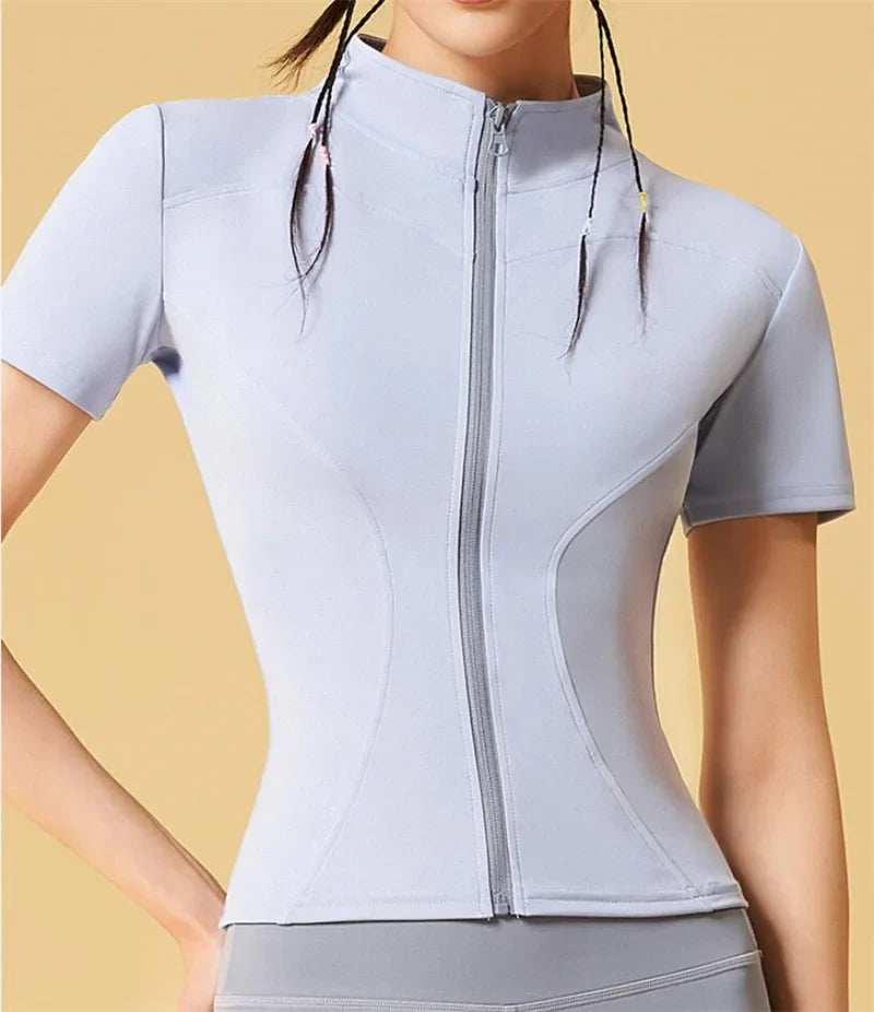 Aiithuug Yoga Tops Zipper Short Sleeve Gym Shirts Waist Slimmer Zip Up Sports Workout Top Fitness Jackets Running Slim Fit Tops