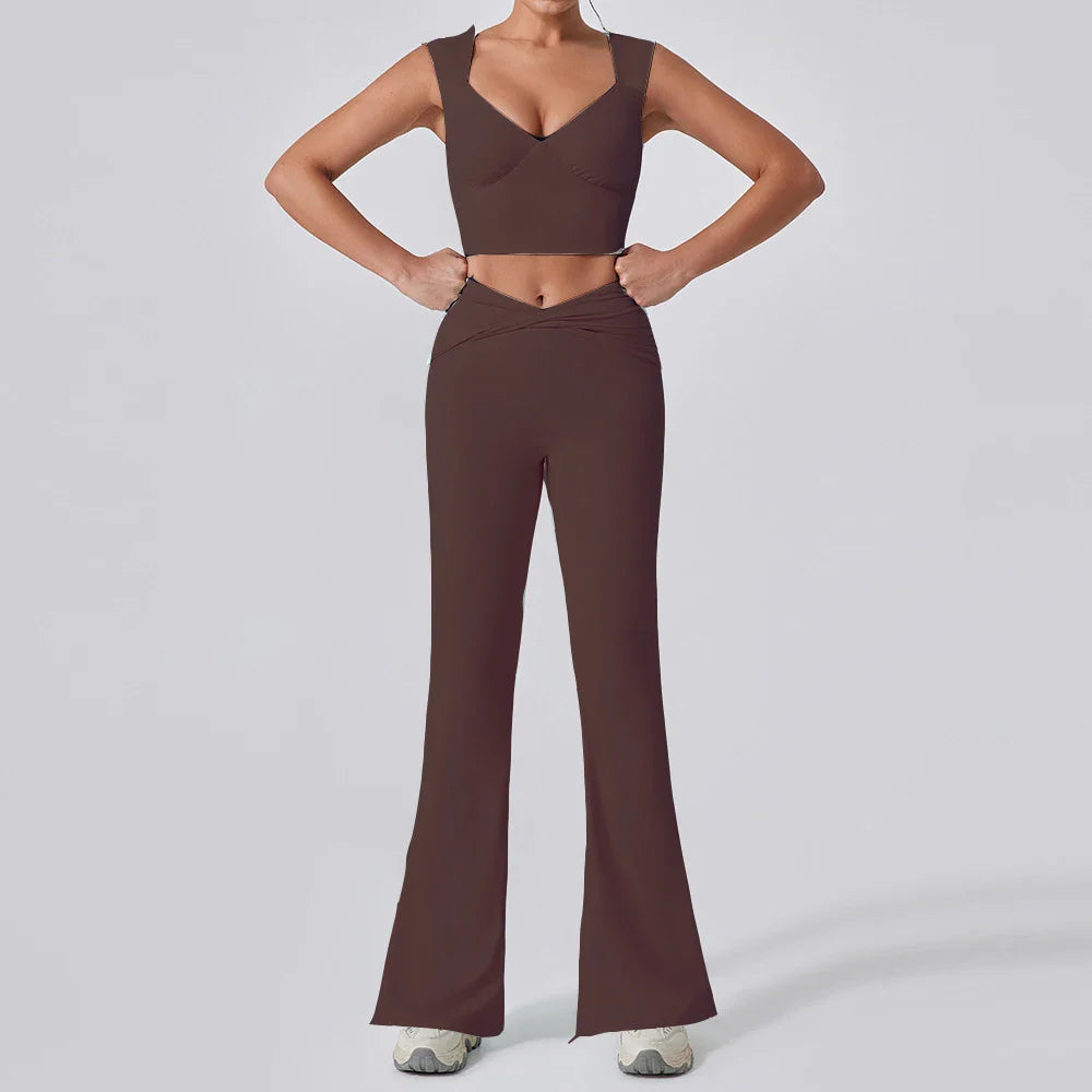 2PCS Women Yoga Set Workout Pant Outfits Fitness Sportswear Gym High Waist Flare Leggings Sports Bra Athletic Tracksuit
