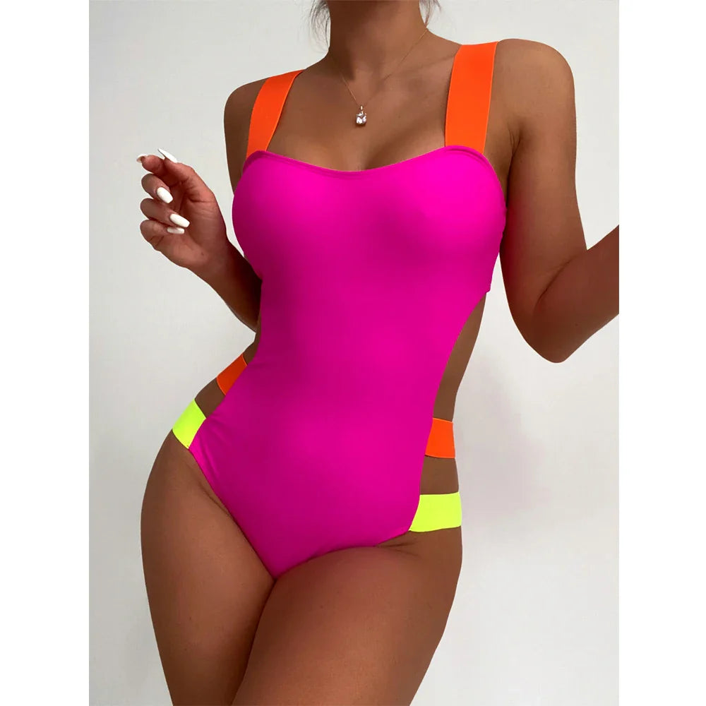 Hot Pink Color Block One-piece Swimsuit Women Neon Swimwear