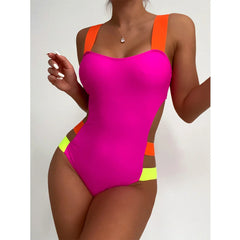Hot Pink Color Block One-piece Swimsuit Women Neon Swimwear