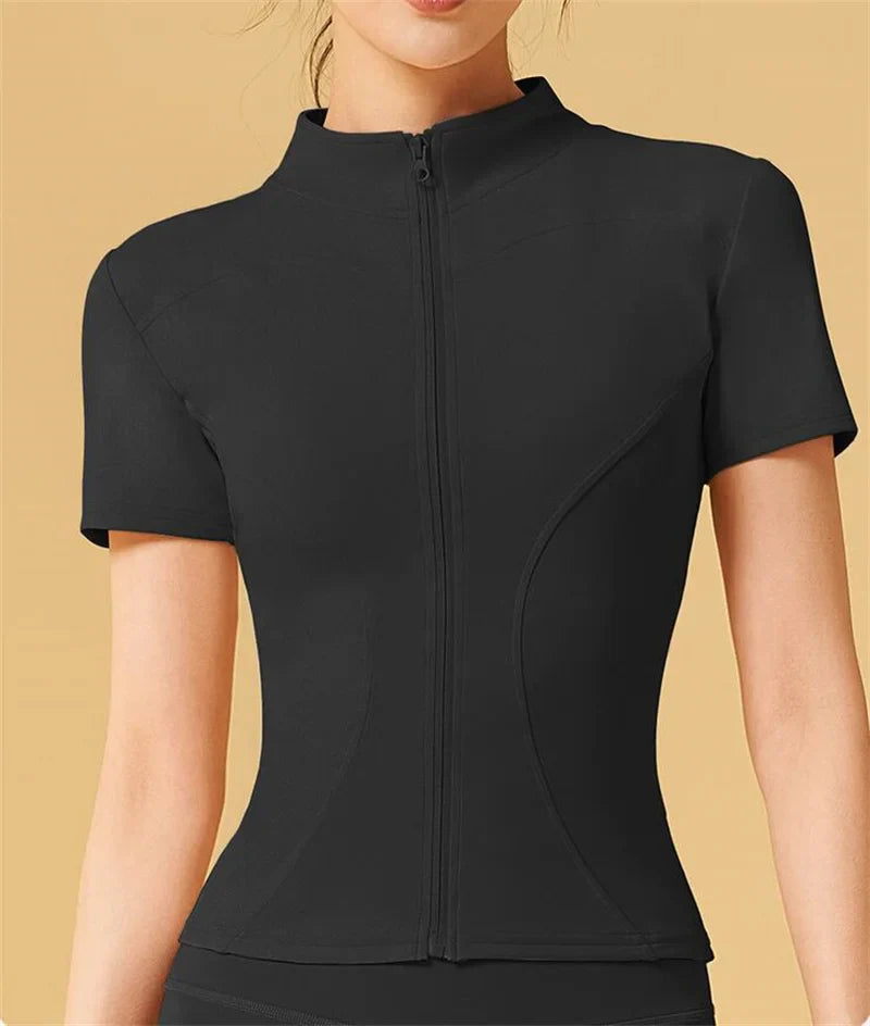 Aiithuug Yoga Tops Zipper Short Sleeve Gym Shirts Waist Slimmer Zip Up Sports Workout Top Fitness Jackets Running Slim Fit Tops
