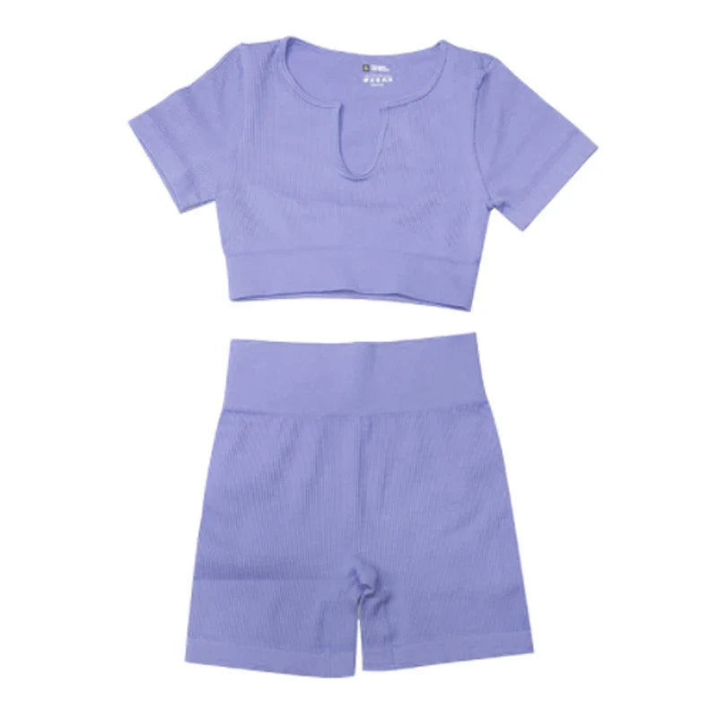 Ribbed Yoga Clothing Sets Women High Waist Shorts Short Sleeve Two Piece Set Seamless Tracksuit Fitness Workout Outfits Gym Wear