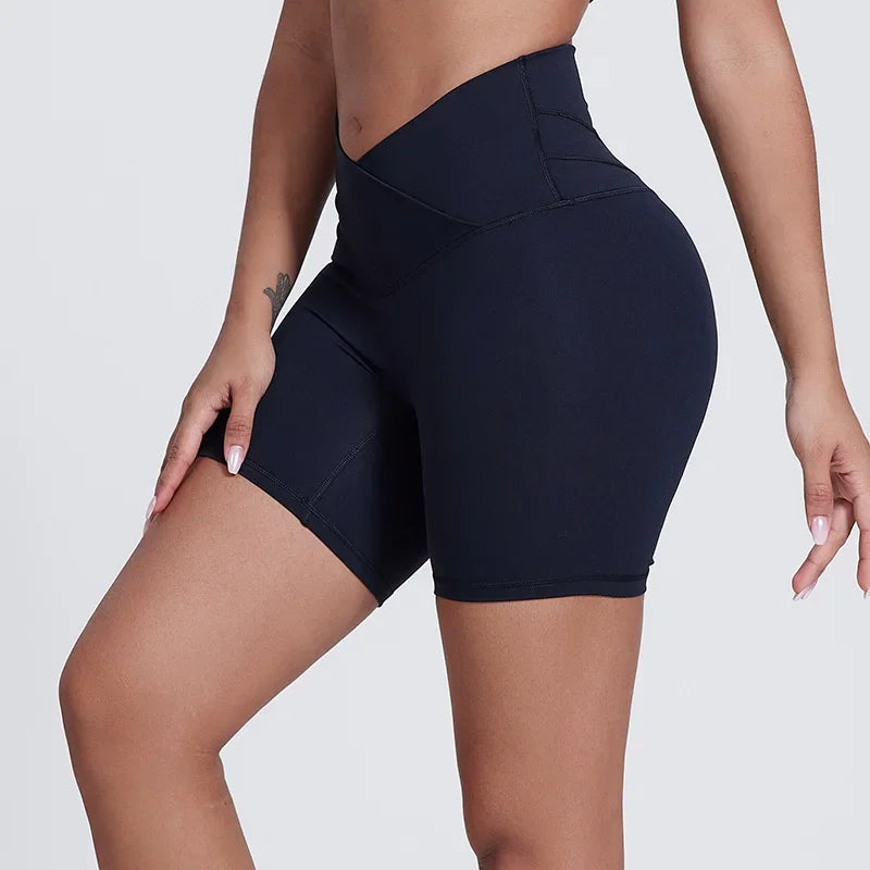 Peach Butt Lift Crossover Waist 4" Gym Shorts High Waist V Yoga Workout Running Shorts