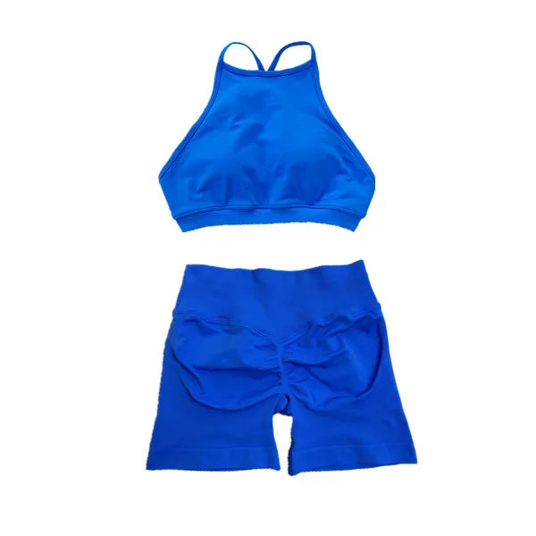 Seamless Dynamic High Neck Yoga Set Belly Bra Scrunch Women Workout Shorts Fitness Legging Sport Pant Active Wear
