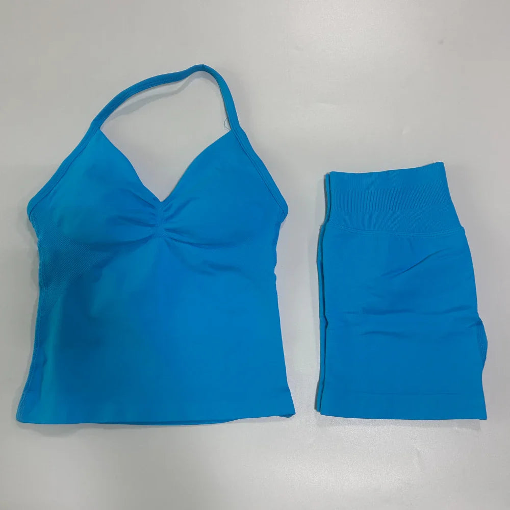 2Pcs Gym Set Women Backless Tank Tops High Waist Scrunch Seamless Shorts Gym Suit Fitness Clothes Activewear Workout Set